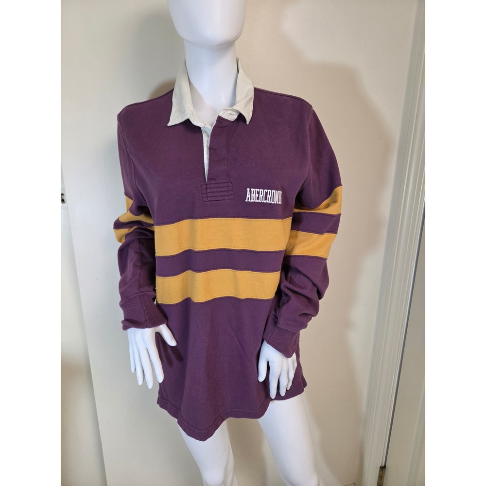 Abercrombie Rugby Cloth Shirt Mens Medium Purple Yellow Striped Long Sleeve Logo